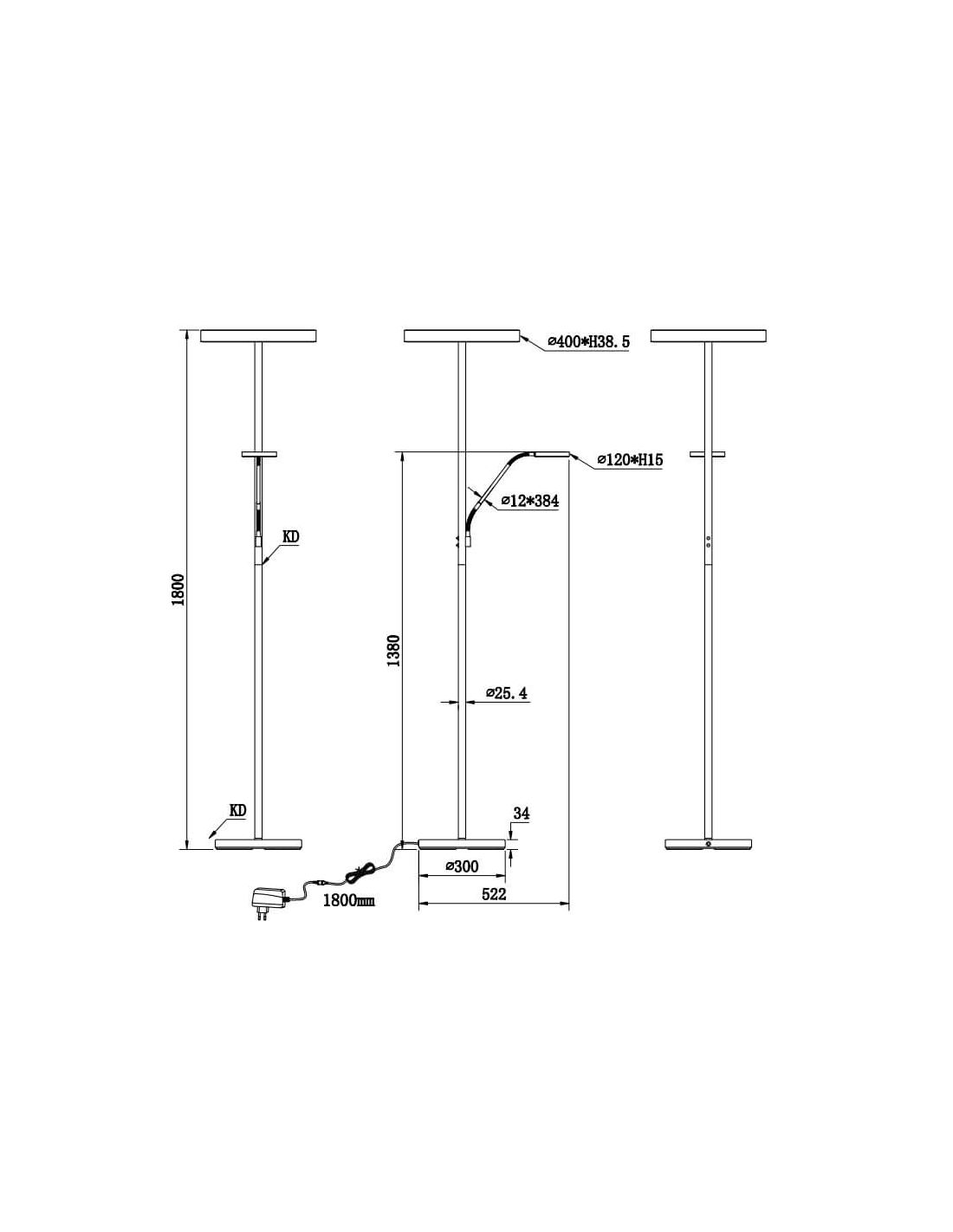 Lámpara de pie LED Willis oro regulable con brazo lector 39W + 5.5W Trio Lighting plano técnico