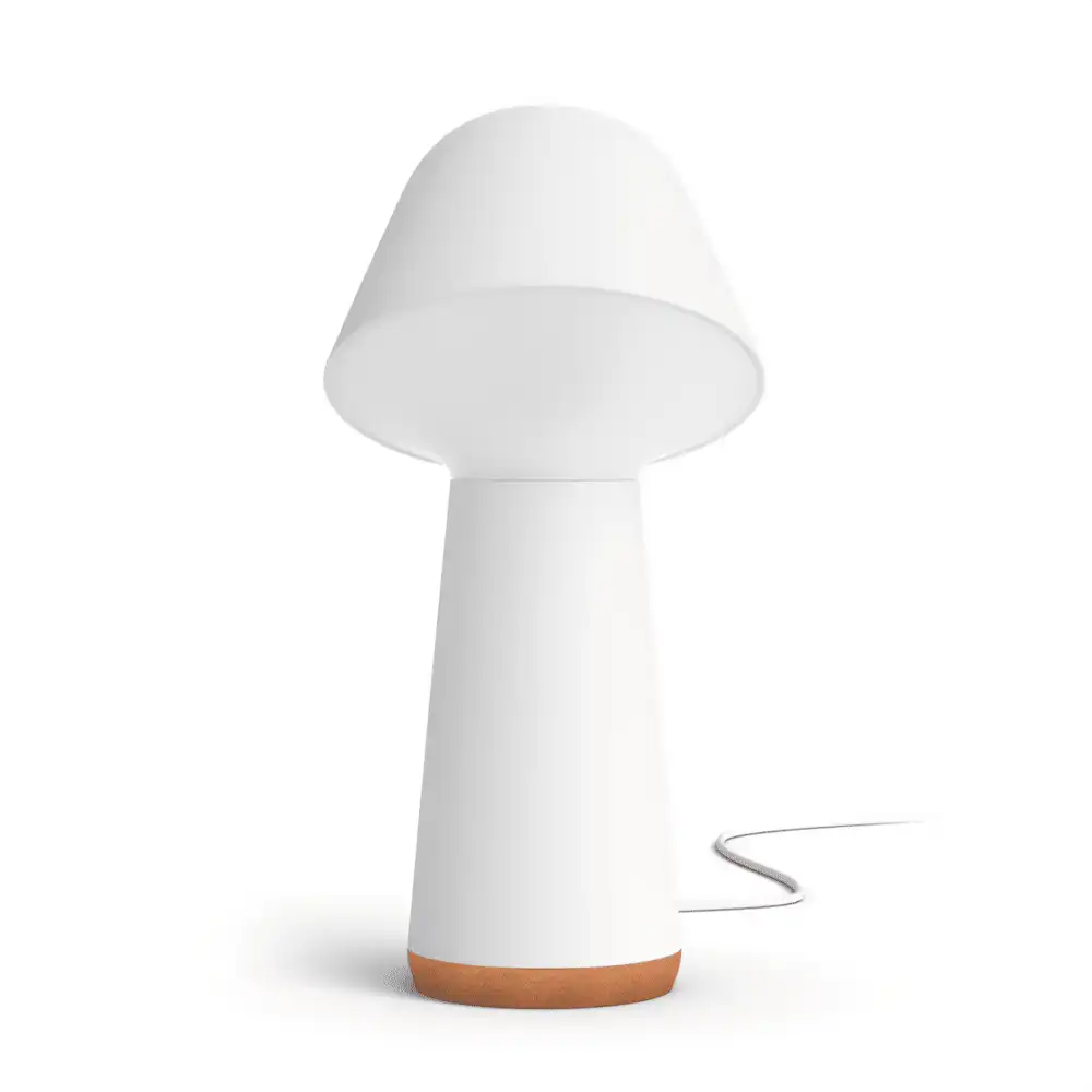 Vista lateral de la lámpara Twilight Bedside Philips Hue blanca con cable de alimentación.