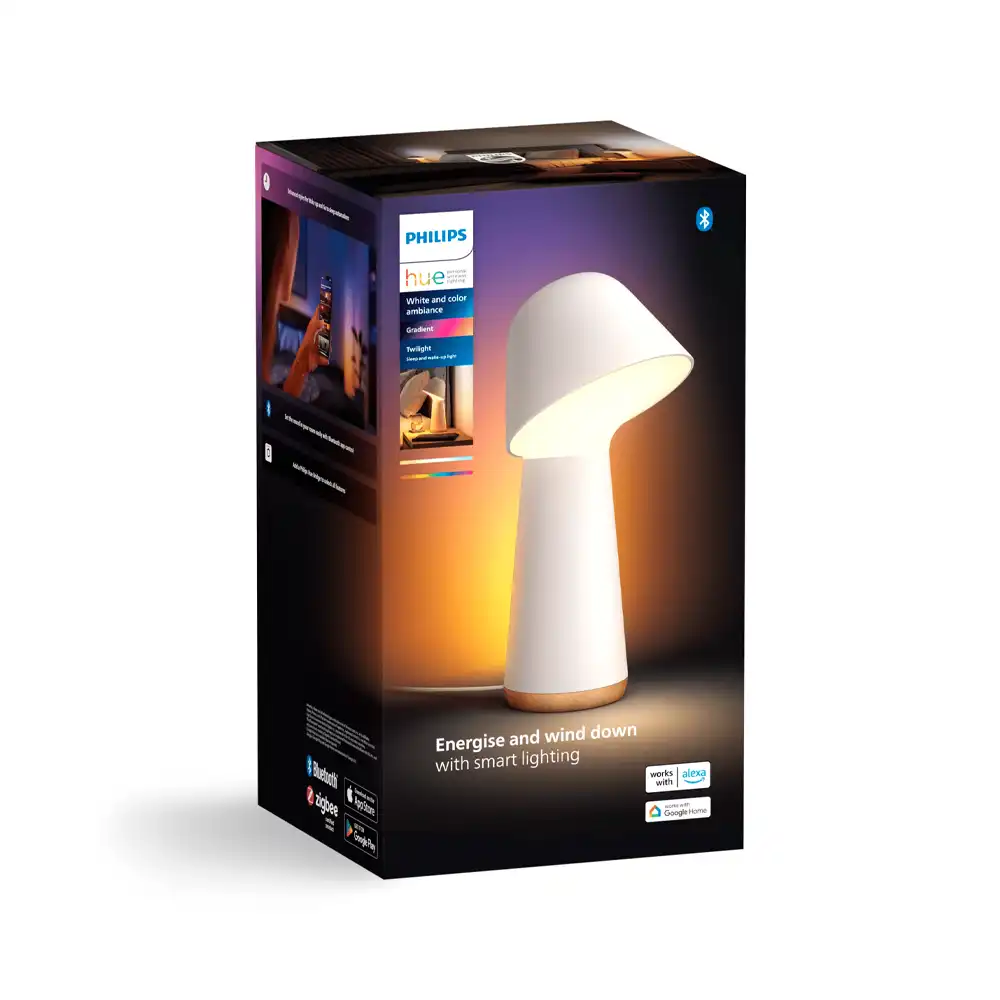 Caja original de la lámpara Twilight Bedside Philips Hue blanca con compatibilidad app y control inteligente.
