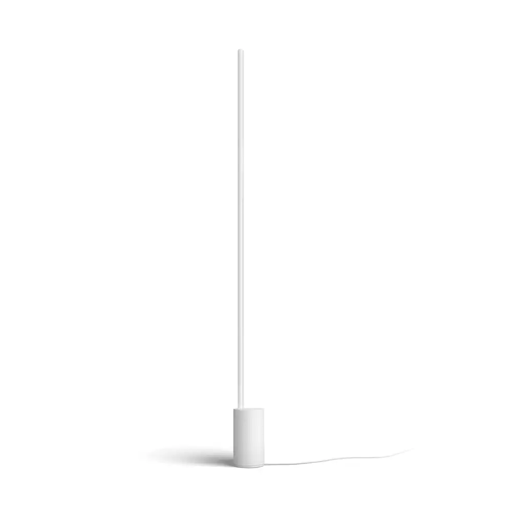 Lámpara de suelo Philips Hue Gradient Signe blanca apagada sobre fondo blanco con cable visible