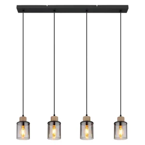 Lámpara de Techo de Madera y Negro con 4 Luces E27 y Tulipas de Cristal Cilíndrico Fumé IP20 Interior – Campiluz - Imagen 1