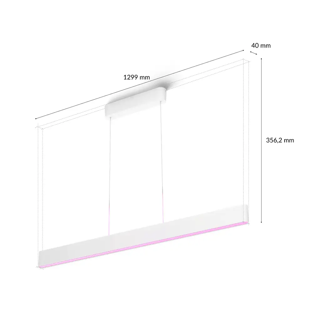 Lámpara colgante Philips Hue Ensis blanca con medidas técnicas y dimensiones sobre fondo blanco
