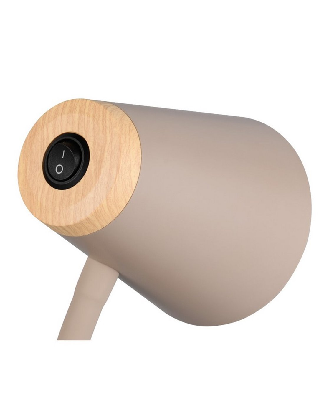 Lámpara LED Pongo flexo beige Trio Lighting detalle cabezal con interruptor y acabado madera