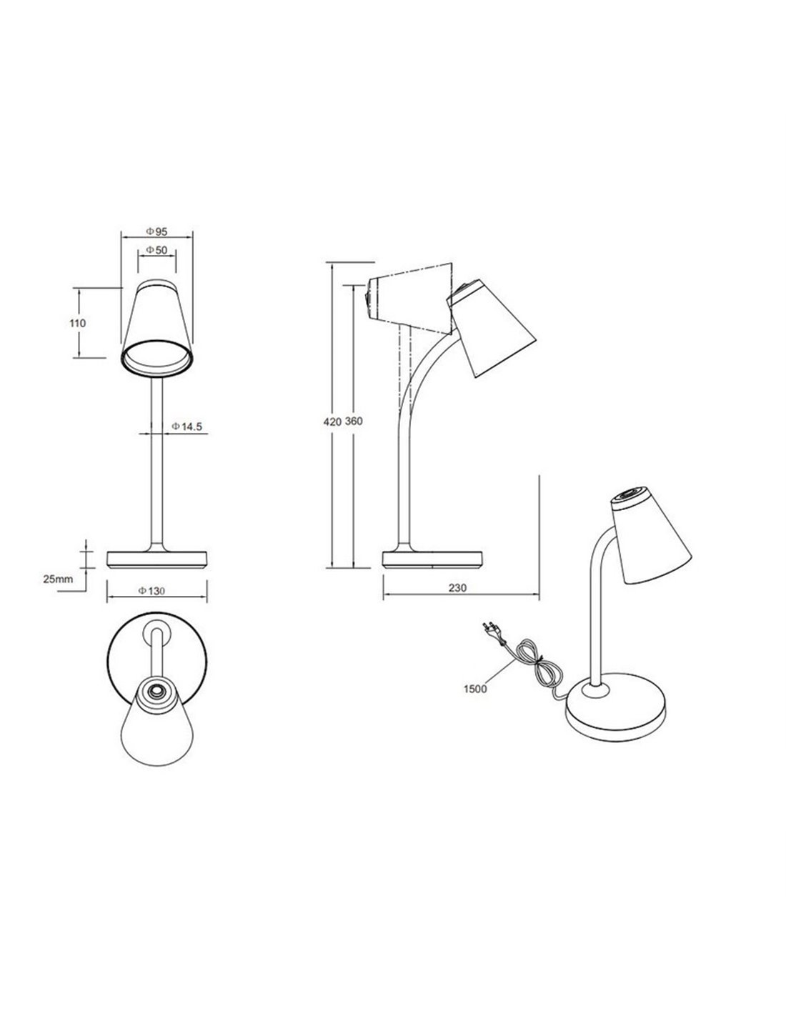 Lámpara LED Pongo flexo beige 4.5W 500lm 3000K IP20 Trio Lighting plano técnico con medidas
