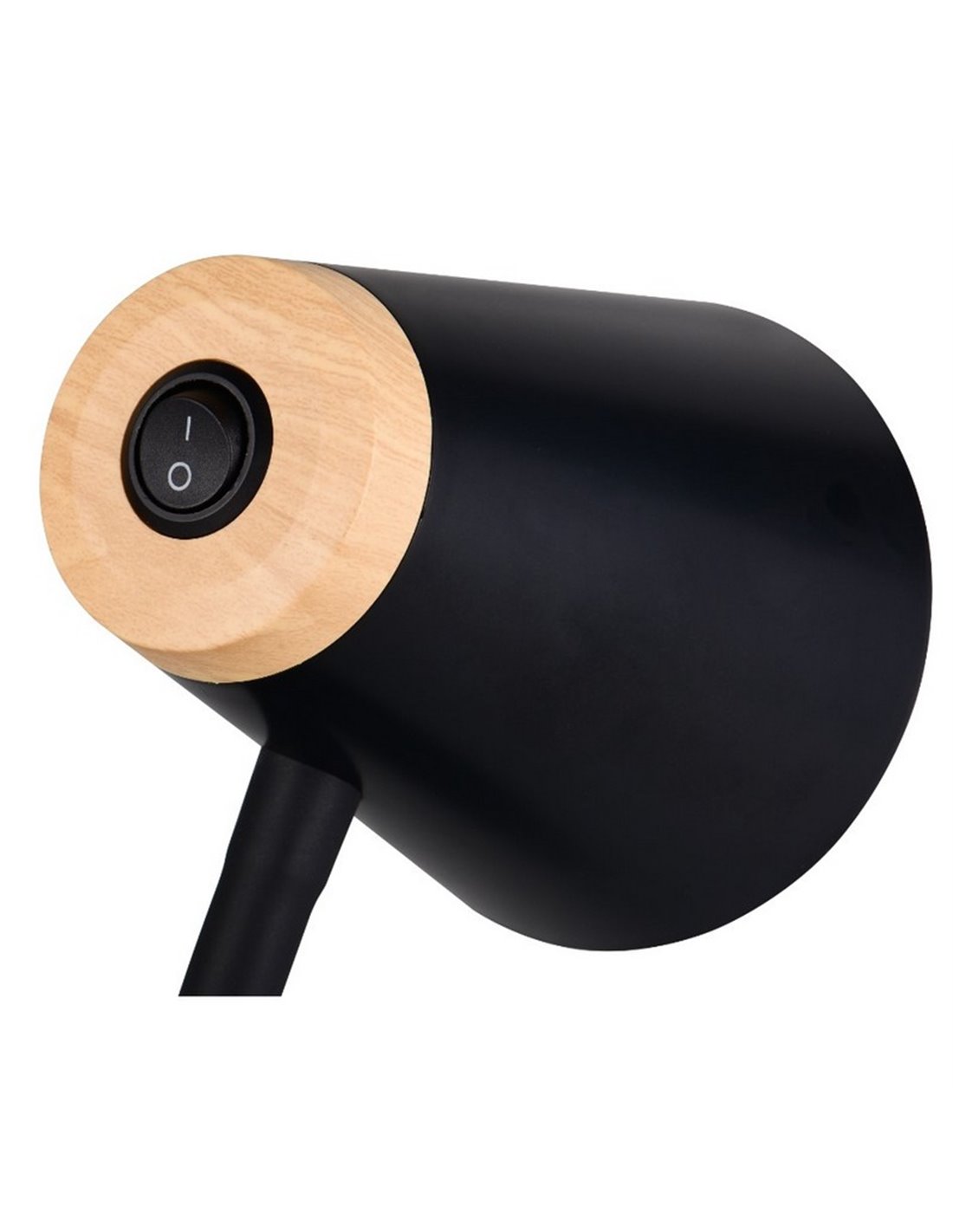Lámpara LED Pongo flexo negro Trio Lighting detalle cabezal con interruptor y acabado madera