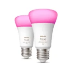 Pack 2 bombillas LED A60 Philips Hue White and Color 11W E27 encendidas en color rosa.