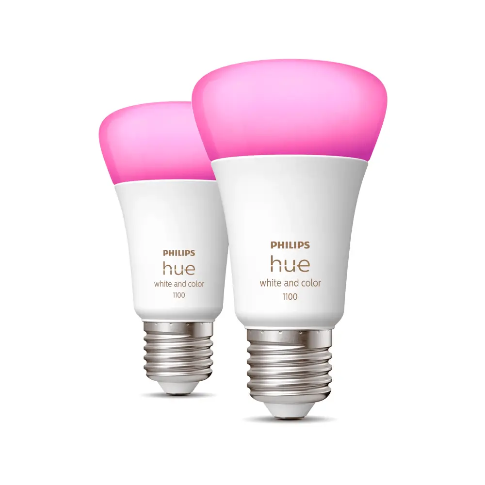 Pack 2 bombillas LED A60 Philips Hue White and Color 11W E27 encendidas en color rosa.
