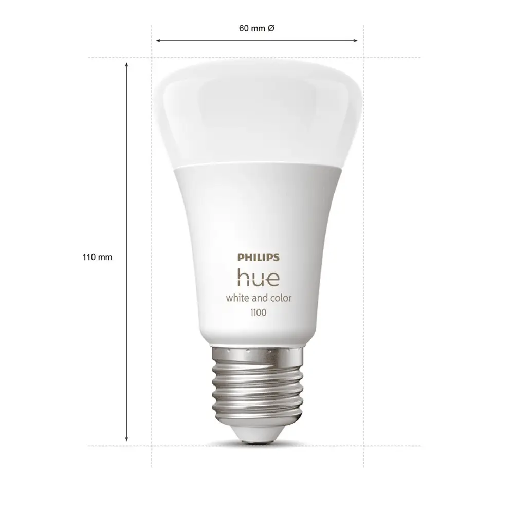 Pack 2 bombillas LED A60 Philips Hue White and Color 11W E27 con dimensiones indicadas.