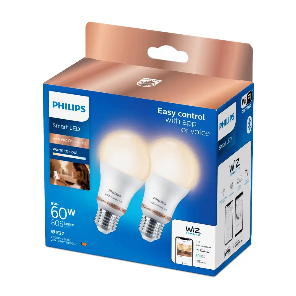 Pack 2 bombillas LED A60 Philips WiZ E27 8W 2700K-6500K mate regulable con caja original.