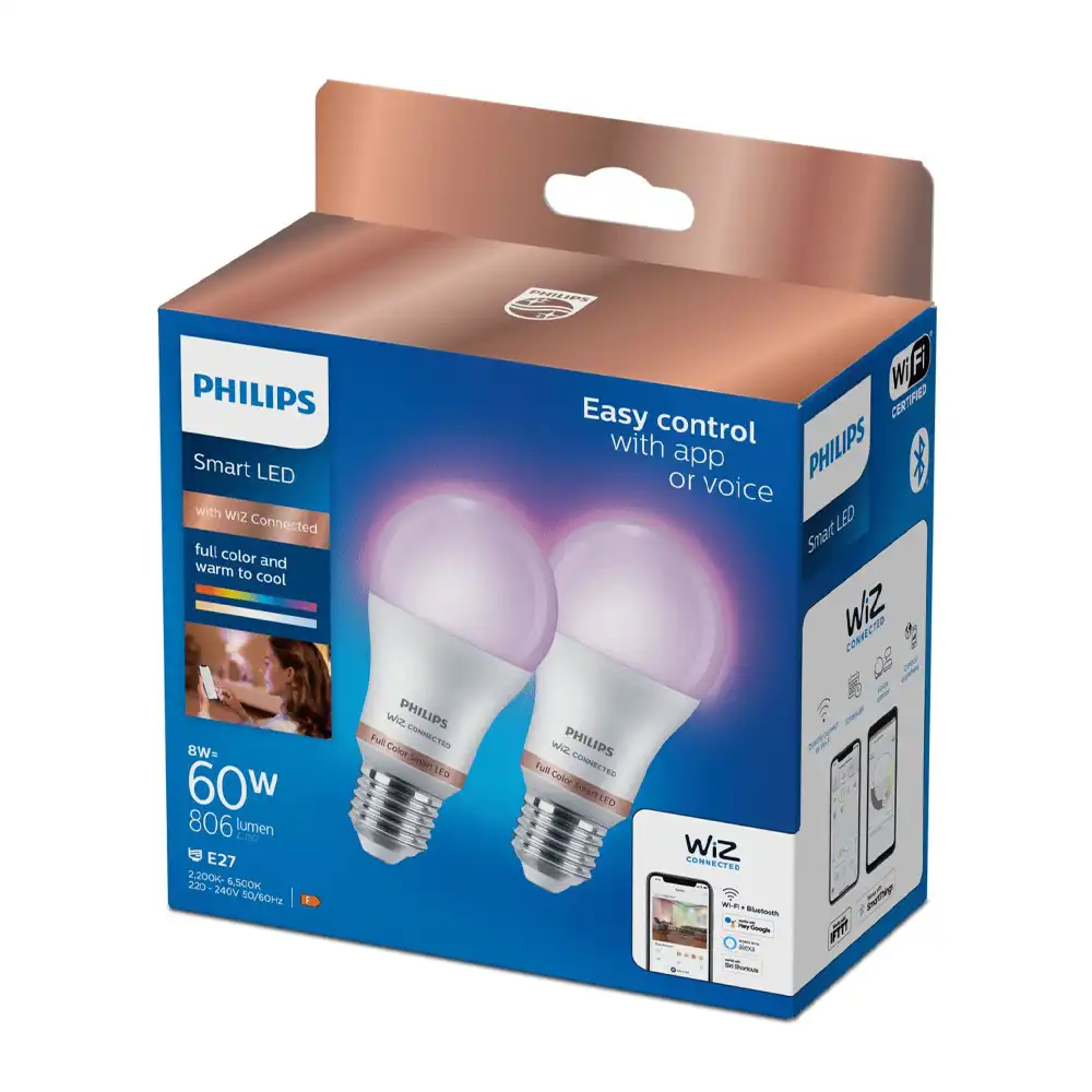 Pack 2 bombillas LED A60 Philips WiZ RGB E27 8W 2200K-6500K mate con caja original.