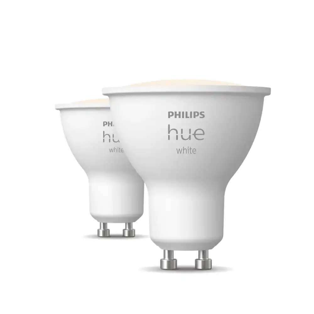 Pack de 2 bombillas LED Philips Hue White GU10 4,2W mostrando luz blanca cálida.