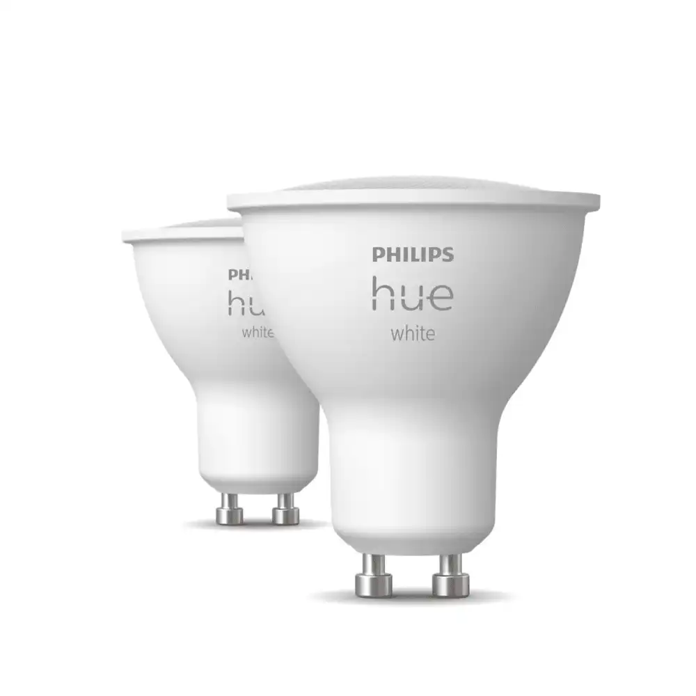 Pack de 2 bombillas LED Philips Hue White GU10 4,2W vista frontal.