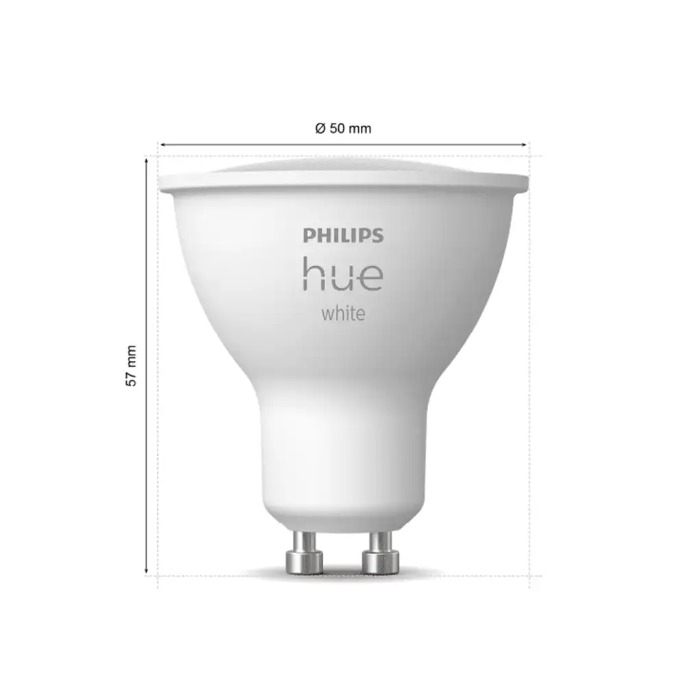 Bombilla LED Philips Hue White GU10 4,2W con dimensiones indicadas.