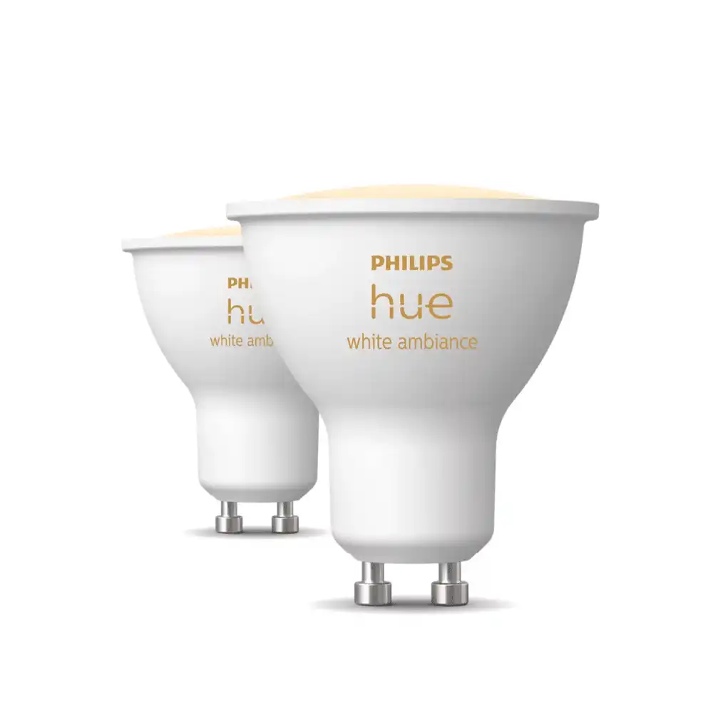 Pack 2 bombillas LED GU10 Philips Hue White Ambience 4,2W encendidas en luz blanca.
