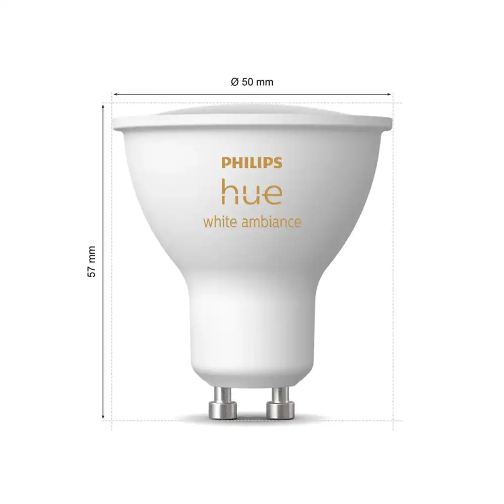 Pack 2 bombillas LED GU10 Philips Hue White Ambience 4,2W con dimensiones indicadas.