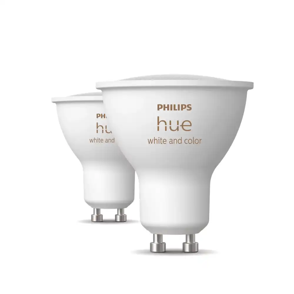 Pack 2 bombillas LED GU10 Philips Hue White and Color 4,2W vistas apagadas.
