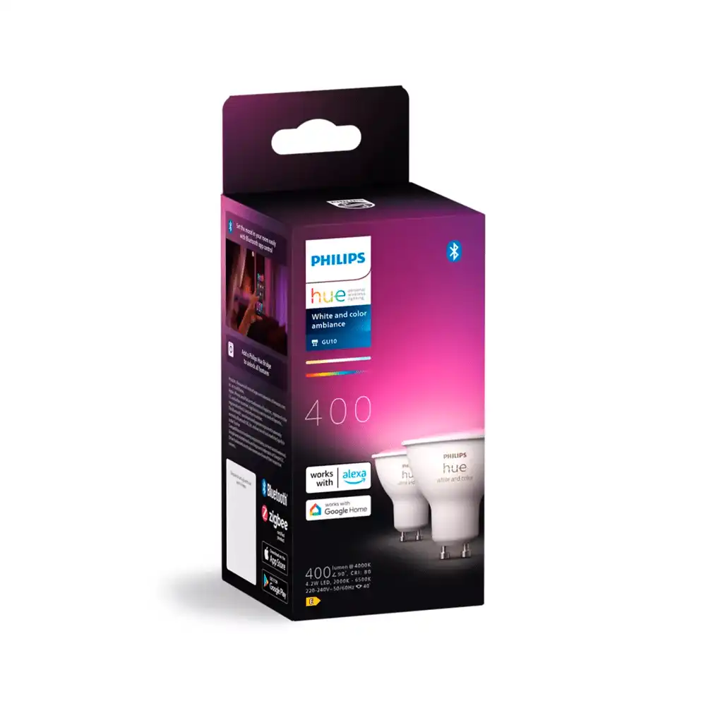 Pack 2 bombillas LED GU10 Philips Hue White and Color 4,2W con caja original.