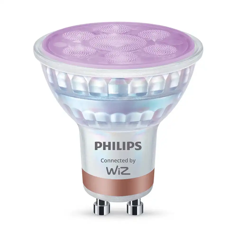 Bombilla LED GU10 Philips WiZ RGB 4,7W 2200K-6500K regulable.