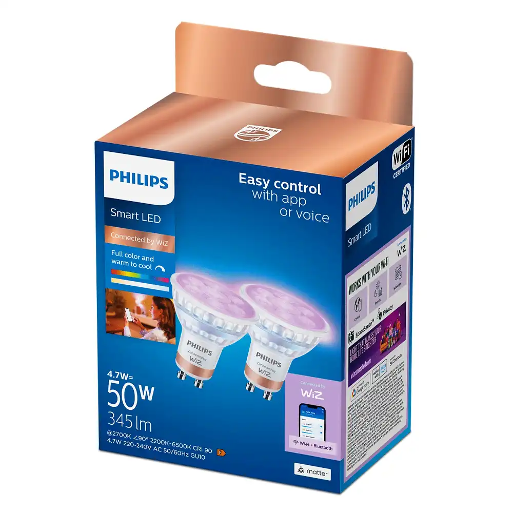 Pack 2 bombillas LED GU10 Philips WiZ RGB 2200K-6500K 4,7W regulables con caja original.