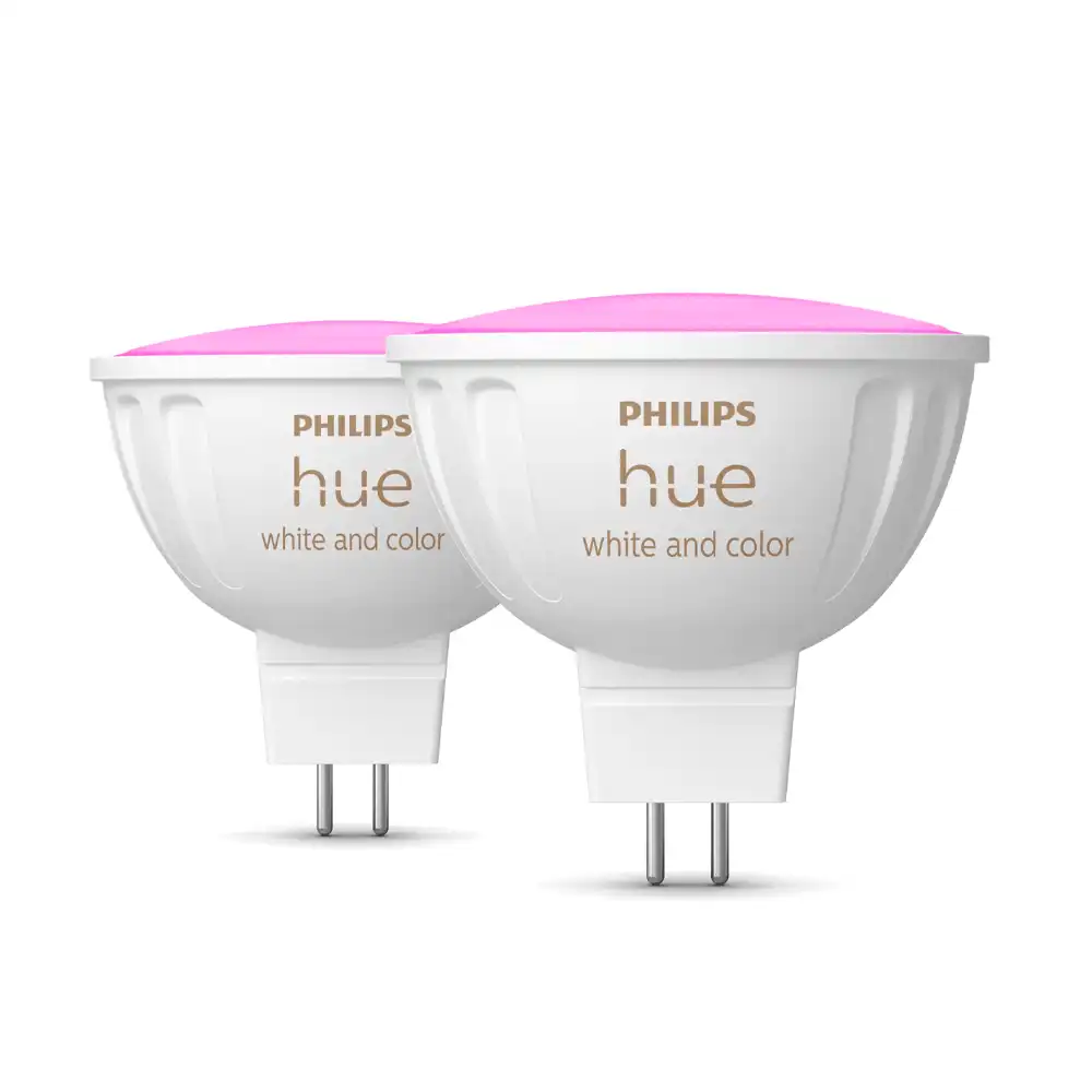 Pack 2 bombillas LED GU5.3 12V Philips Hue White and Color 6,3W encendidas en color rosa.
