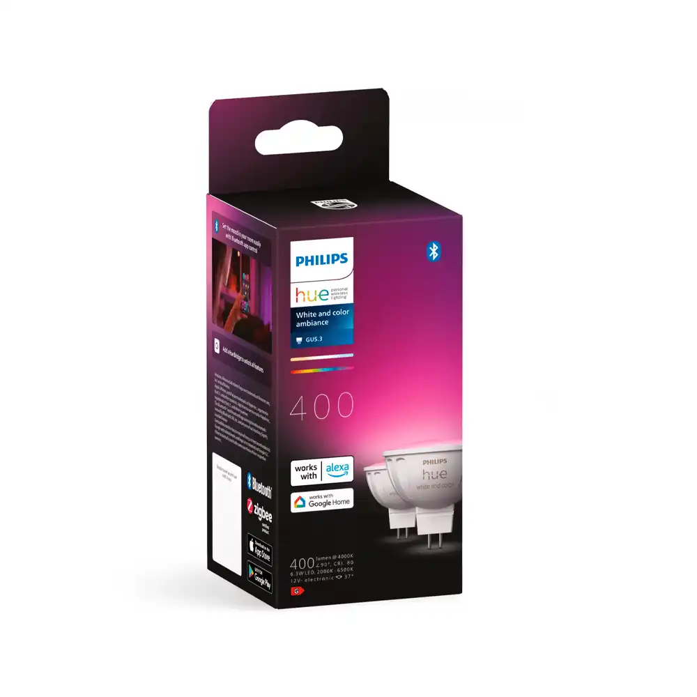 Pack 2 bombillas LED GU5.3 12V Philips Hue White and Color 6,3W con caja original.