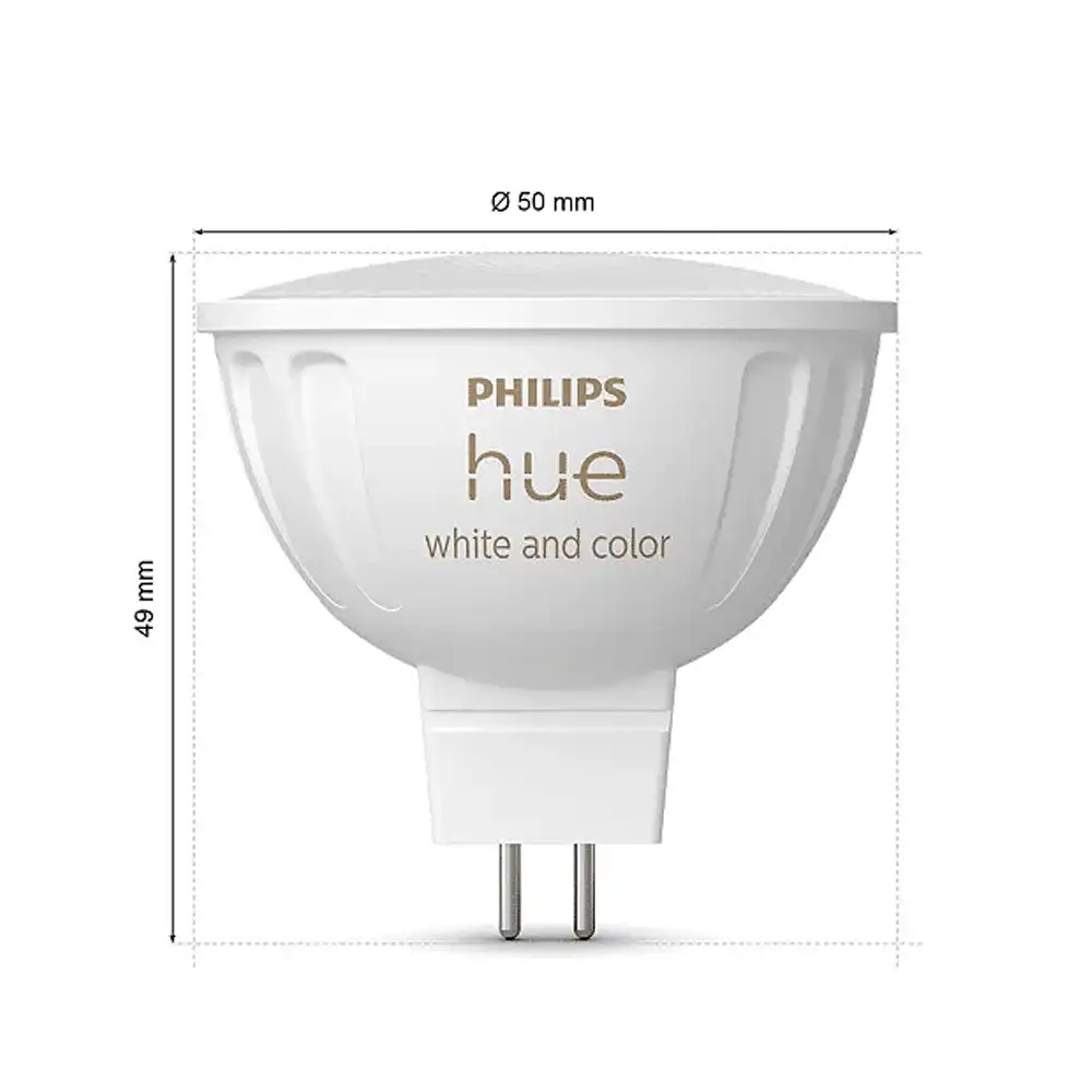 Pack 2 bombillas LED GU5.3 12V Philips Hue White and Color 6,3W con dimensiones indicadas.