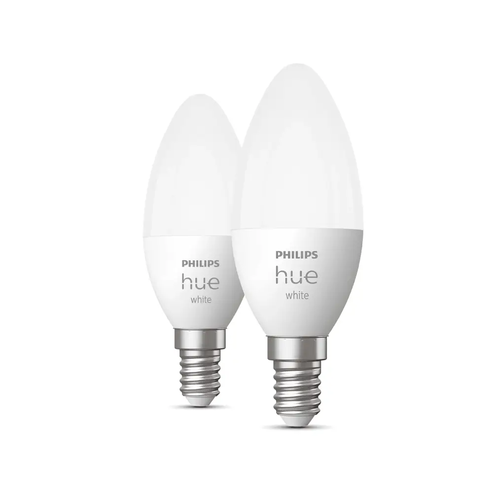 Pack 2 bombillas vela Philips Hue White 5.5W E14 vista frontal.