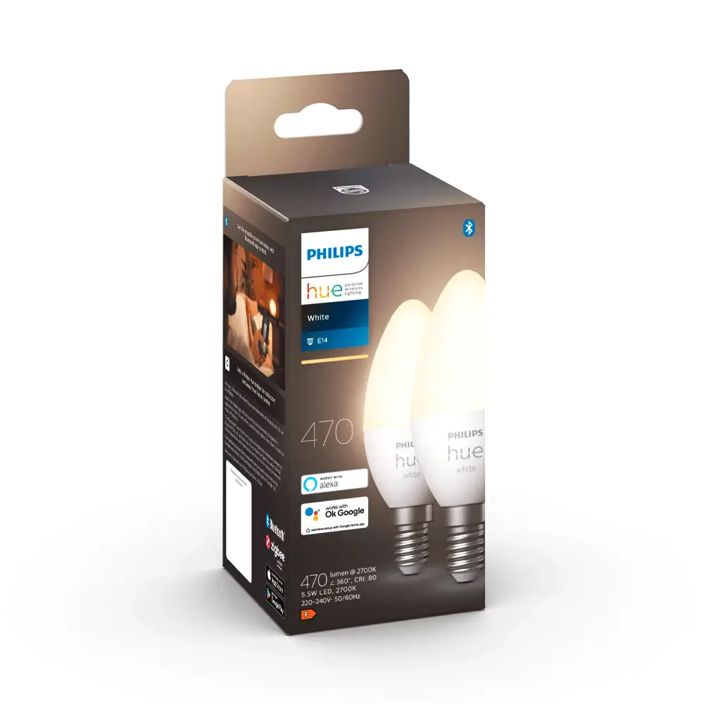 Pack 2 bombillas vela Philips Hue White 5.5W E14 con caja original del producto.