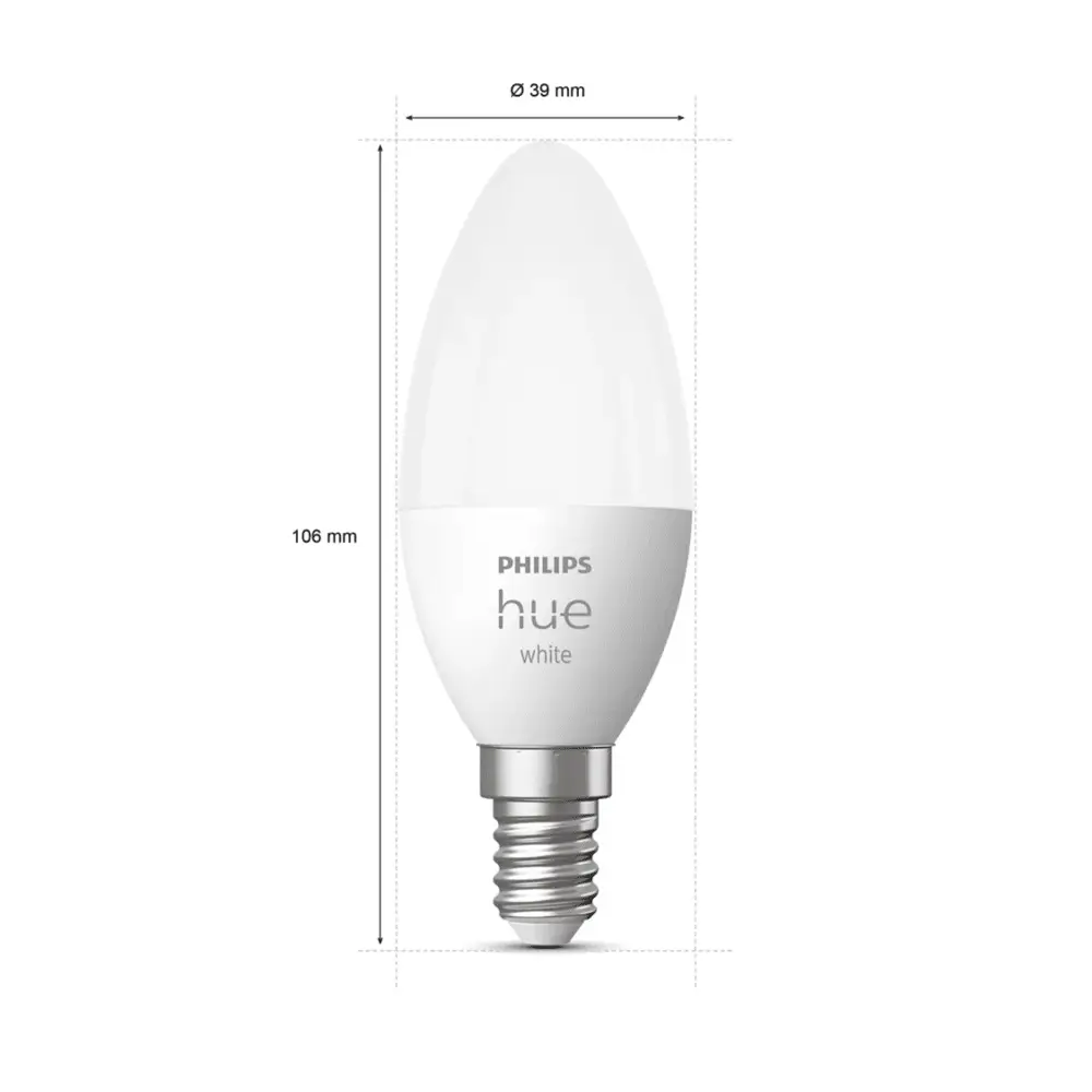 Pack 2 bombillas vela Philips Hue White 5.5W E14 con dimensiones indicadas.