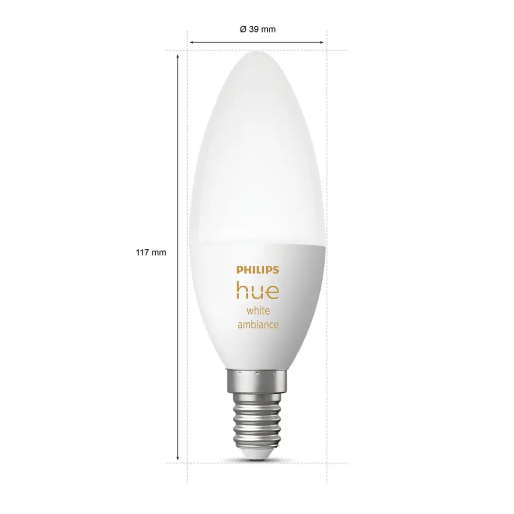 Pack 2 bombillas vela Philips Hue White Ambience 5,2W E14 con dimensiones indicadas.