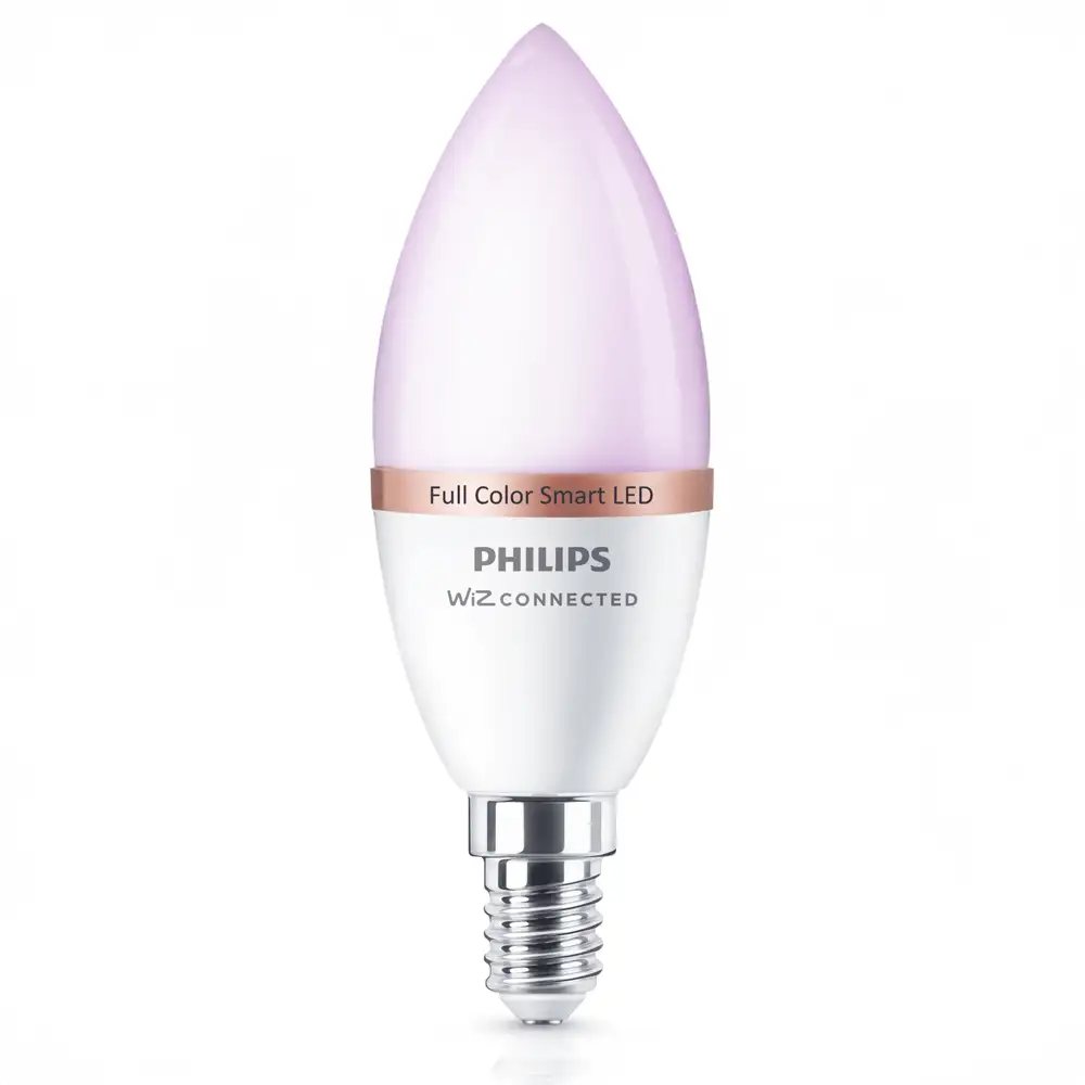 Bombilla vela LED E14 Philips WiZ RGB 4,9W 2200K-6500K acabado mate.