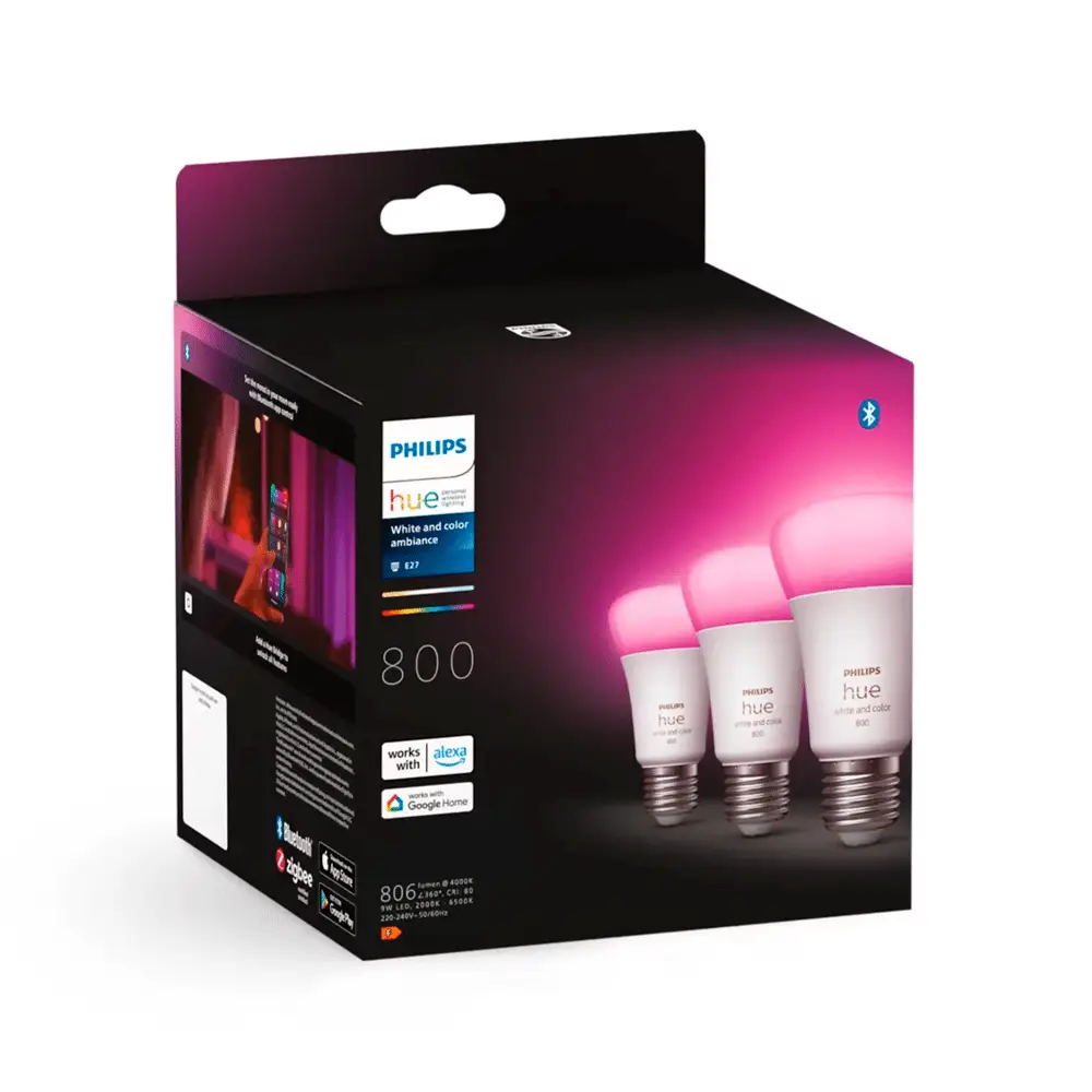Pack 3 bombillas LED A60 Philips Hue White & Color 9W E27 con dimensiones indicadas.