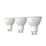 Pack 3 bombillas LED GU10 Philips Hue White Ambience 4.2W en grupo mostrando formato GU10.