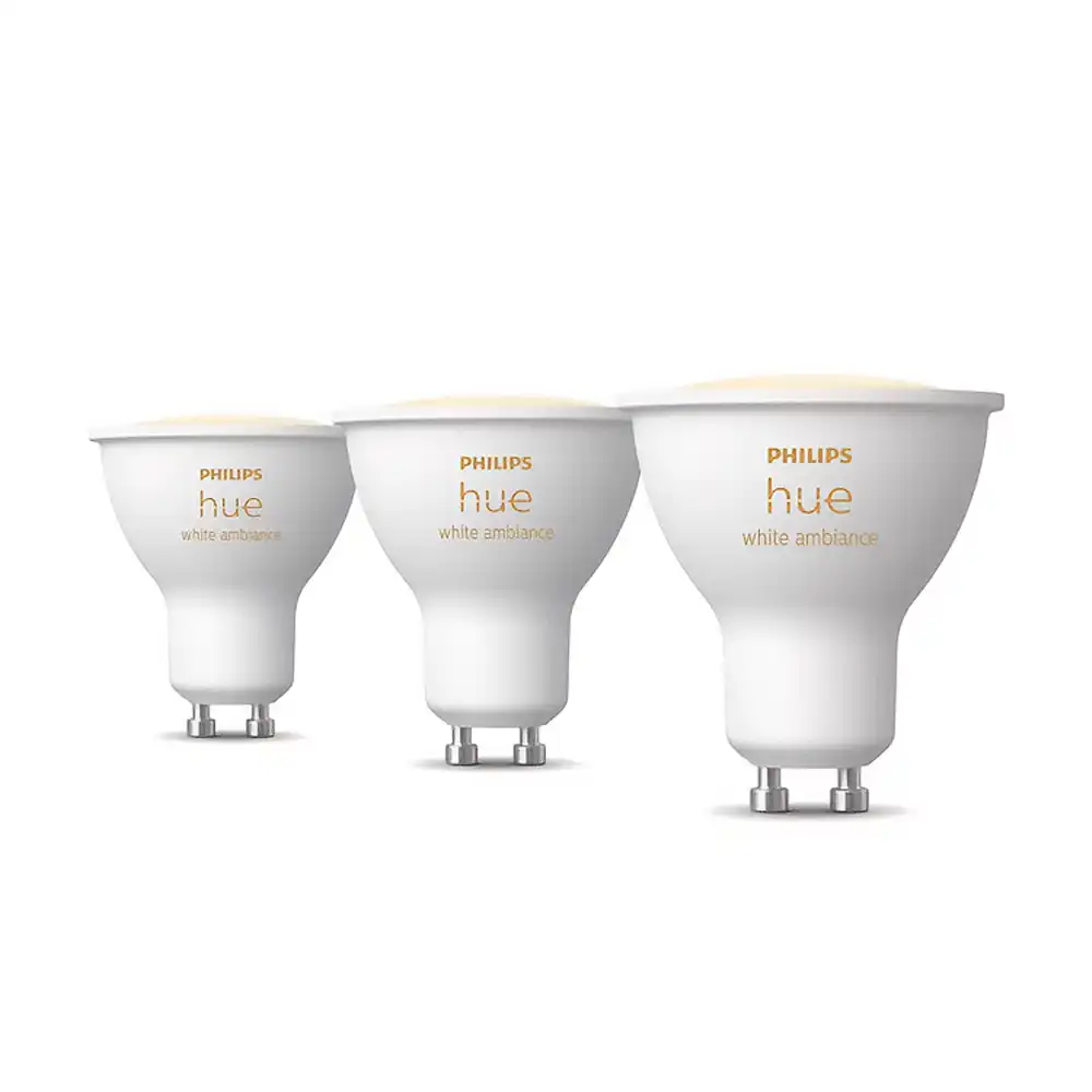 Pack 3 bombillas LED GU10 Philips Hue White Ambience 4.2W en grupo mostrando formato GU10.