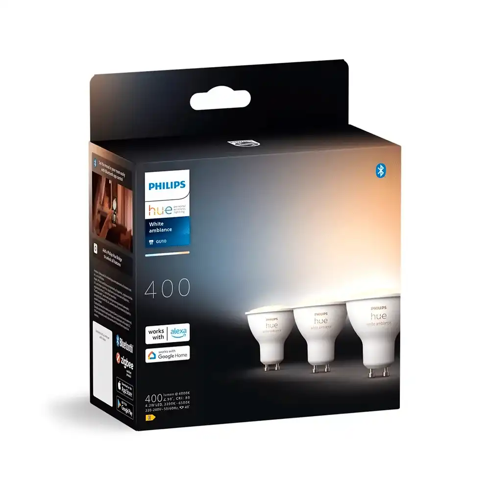 Pack 3 bombillas LED GU10 Philips Hue White Ambience 4.2W con caja original.