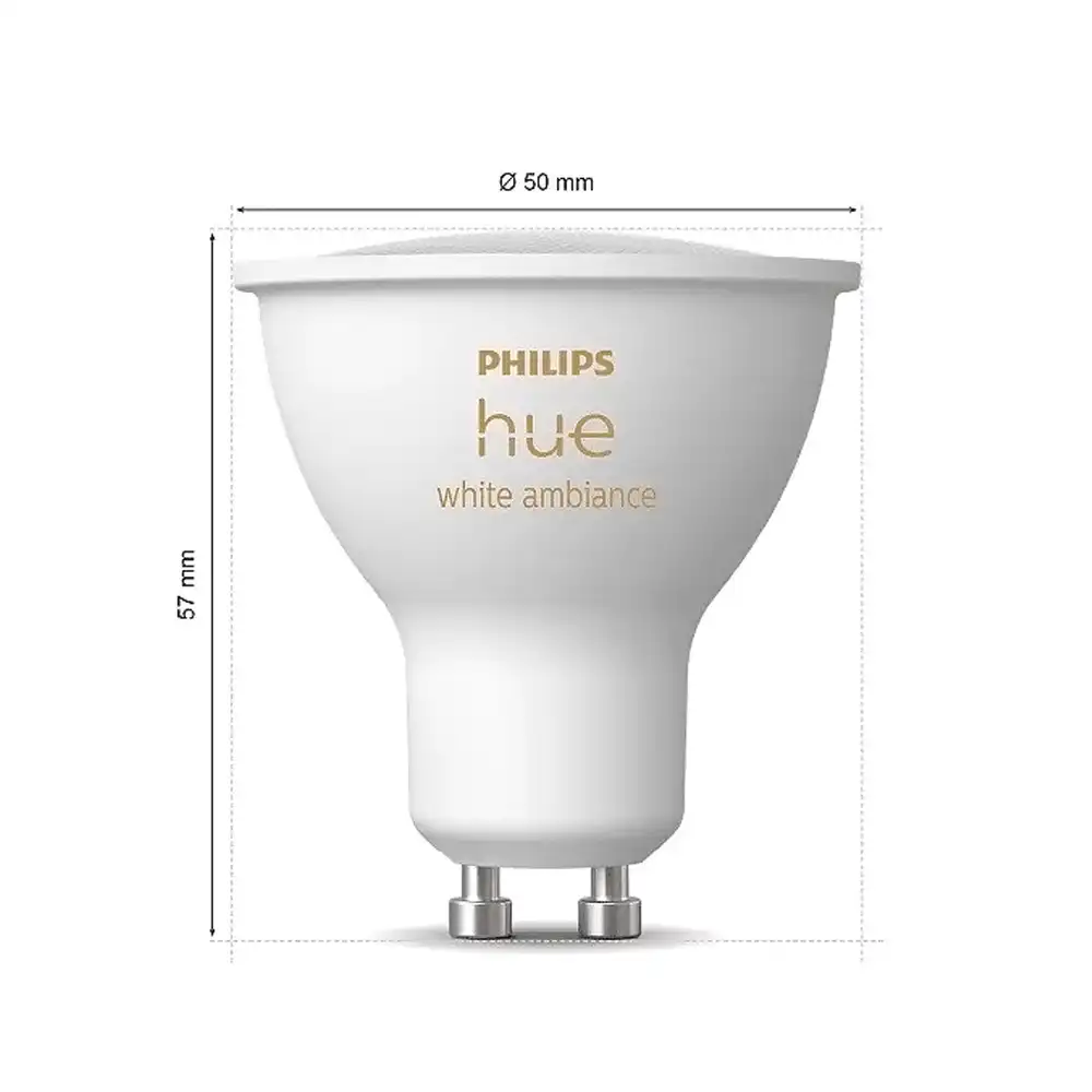 Pack 3 bombillas LED GU10 Philips Hue White Ambience 4.2W con dimensiones indicadas.