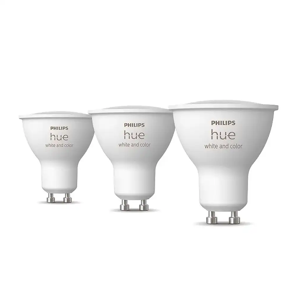 Pack 3 bombillas LED GU10 Philips Hue White and Color 4.2W vista frontal.