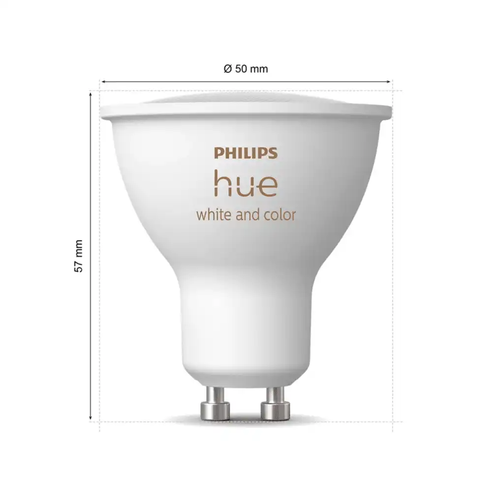 Pack 3 bombillas LED GU10 Philips Hue White and Color 4.2W con dimensiones indicadas.