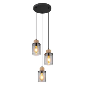 Plafón de Techo de Madera y Negro con 3 Luces E27 y Tulipas de Cristal Cilíndrico Fumé IP20 Interior – Campiluz - Imagen 1