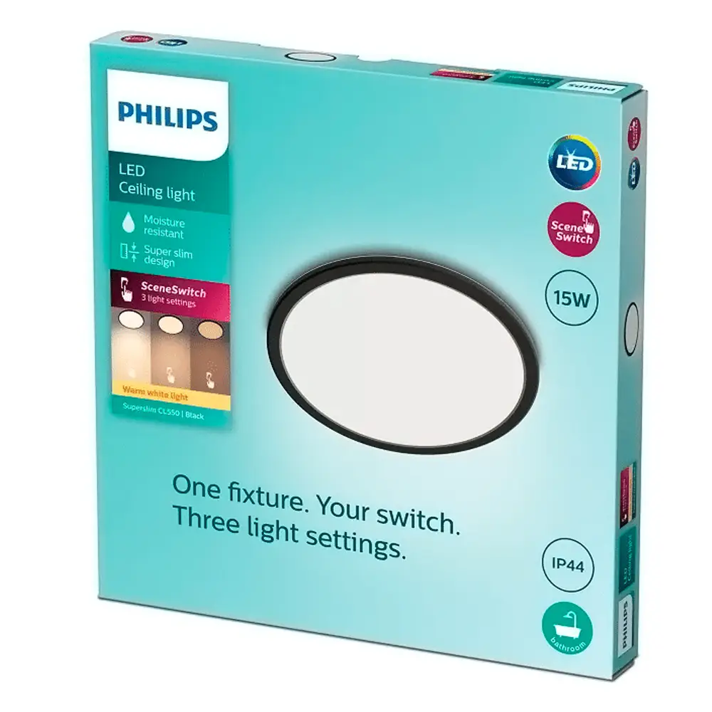 Caja packaging plafón Philips Superslim CL550 LED 15W 2700K SceneSwitch negro