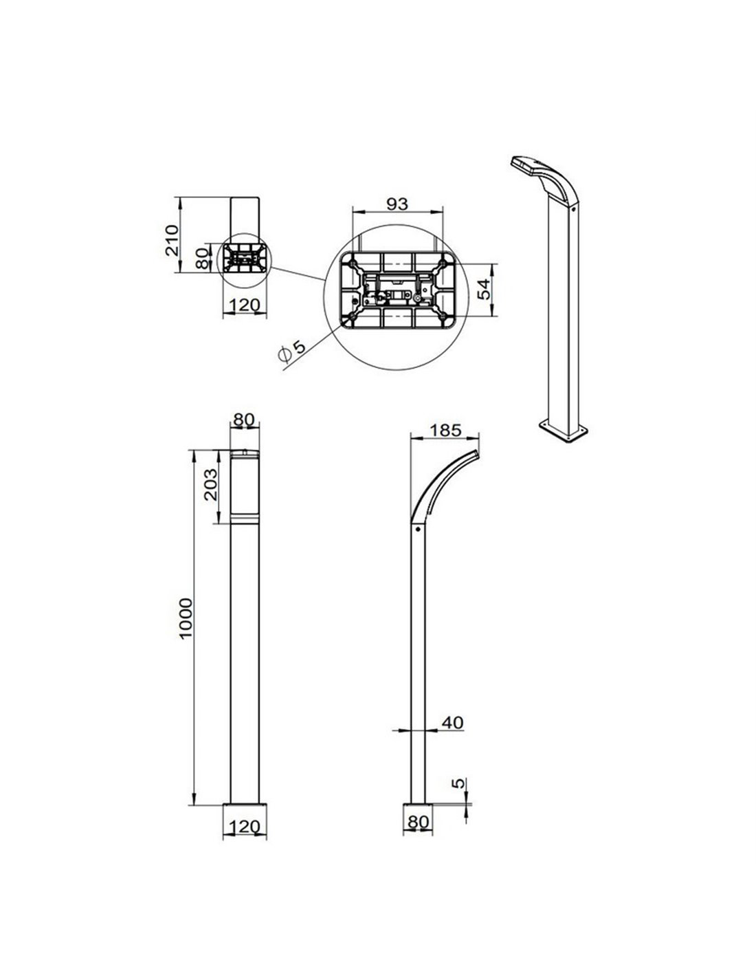 Plano técnico poste LED Beja 100cm 12.5W 1650lm 4000K IP44 antracita Trio Lighting