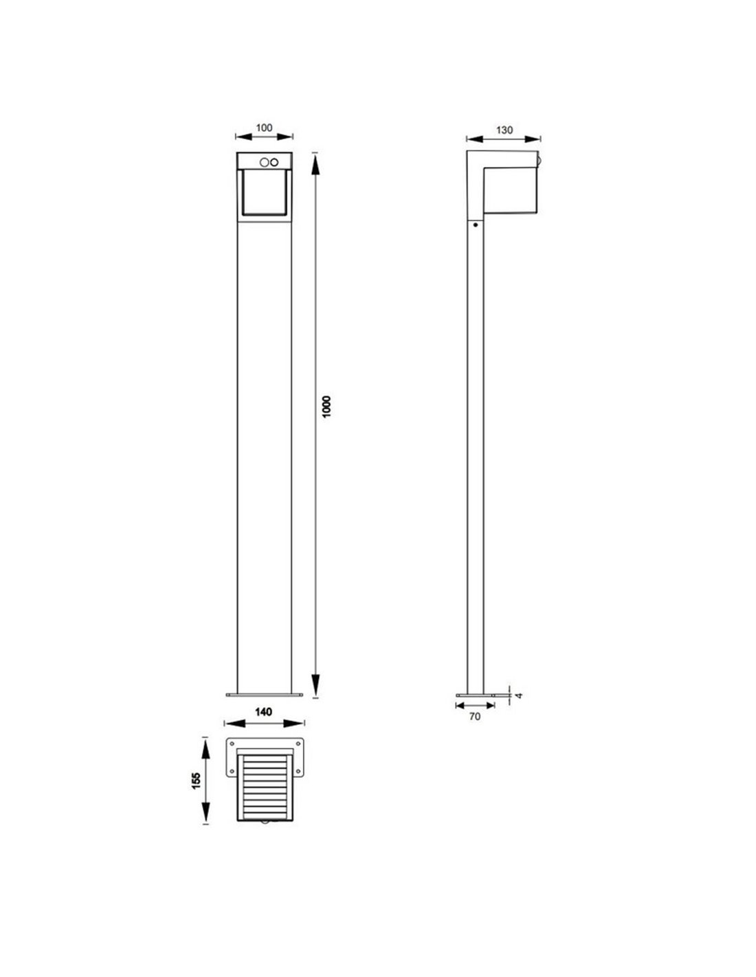 Plano técnico poste solar LED Colombo 100cm 5.5W 650lm 4000K IP44 Trio Lighting
