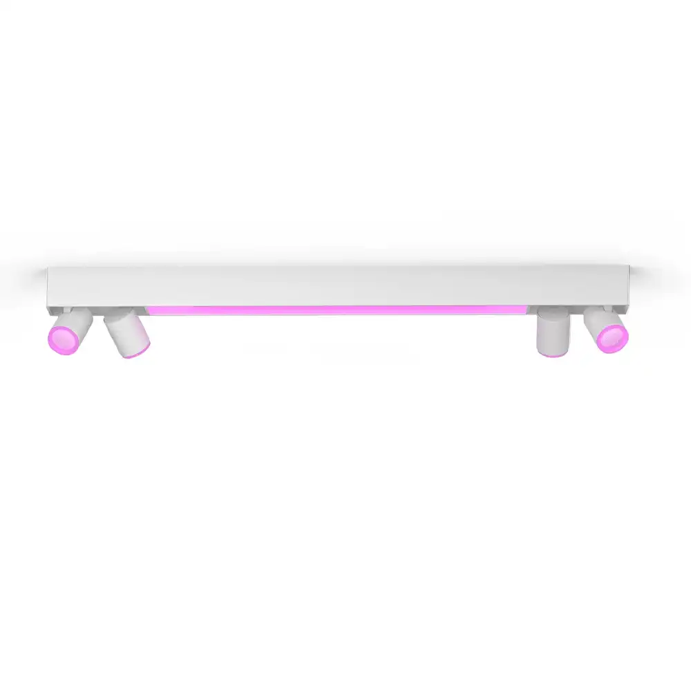 Regleta Centris Philips Hue blanca con 4 focos White & Color con barra LED y focos en color rosa.