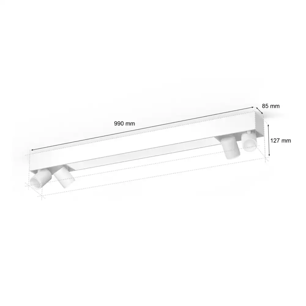 Regleta Centris Philips Hue blanca con 4 focos White & Color vista técnica con medidas.