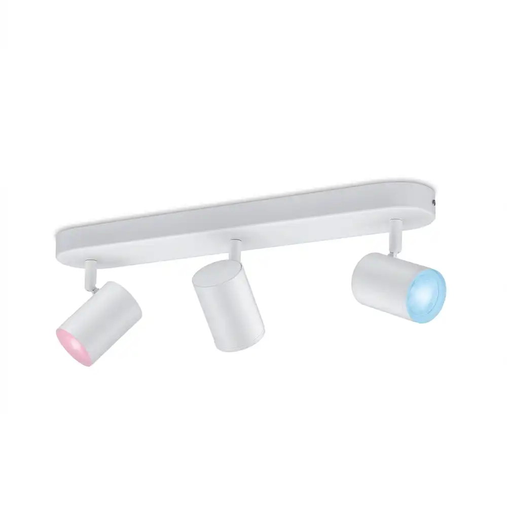 Regleta Imageo LED 3x5W Philips WiZ blanco encendida con colores RGB.