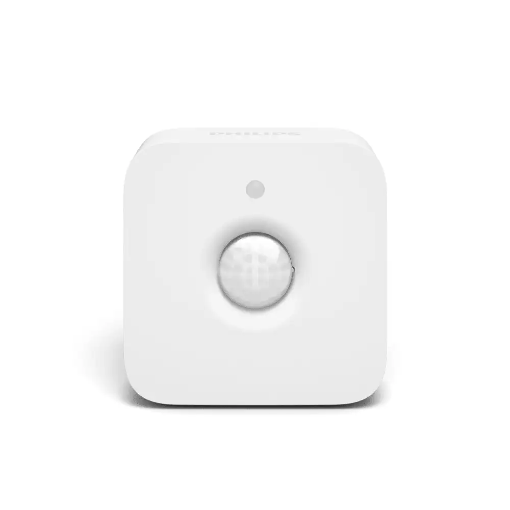 Vista frontal del sensor de movimiento interior Philips Hue en color blanco.
