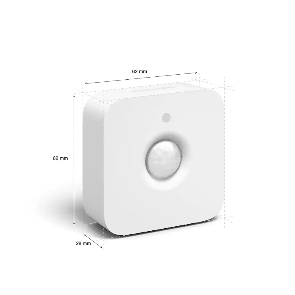 Sensor de movimiento interior Philips Hue con dimensiones técnicas.