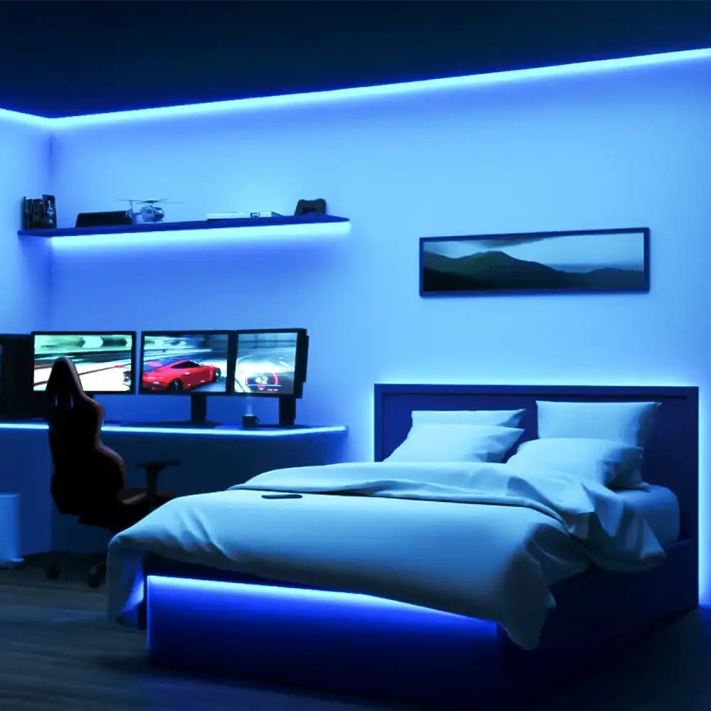 Tira LED Philips WiZ 10 metros RGB iluminando dormitorio en color azul