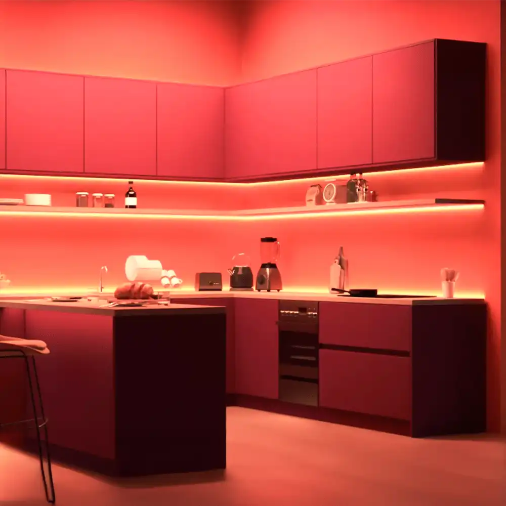 Tira LED Philips WiZ 10 metros RGB iluminando cocina en color rojo