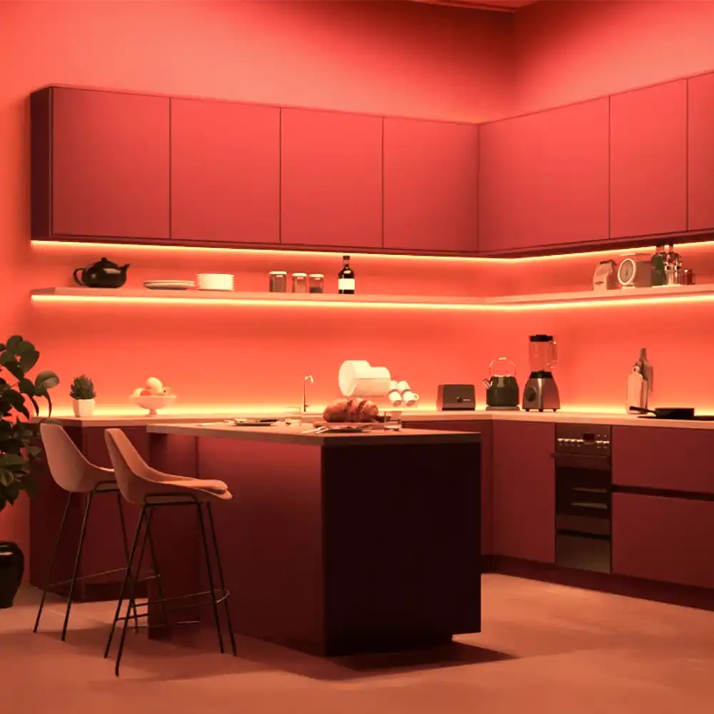 Tira LED Philips WiZ 4 metros RGB iluminando cocina moderna en rojo